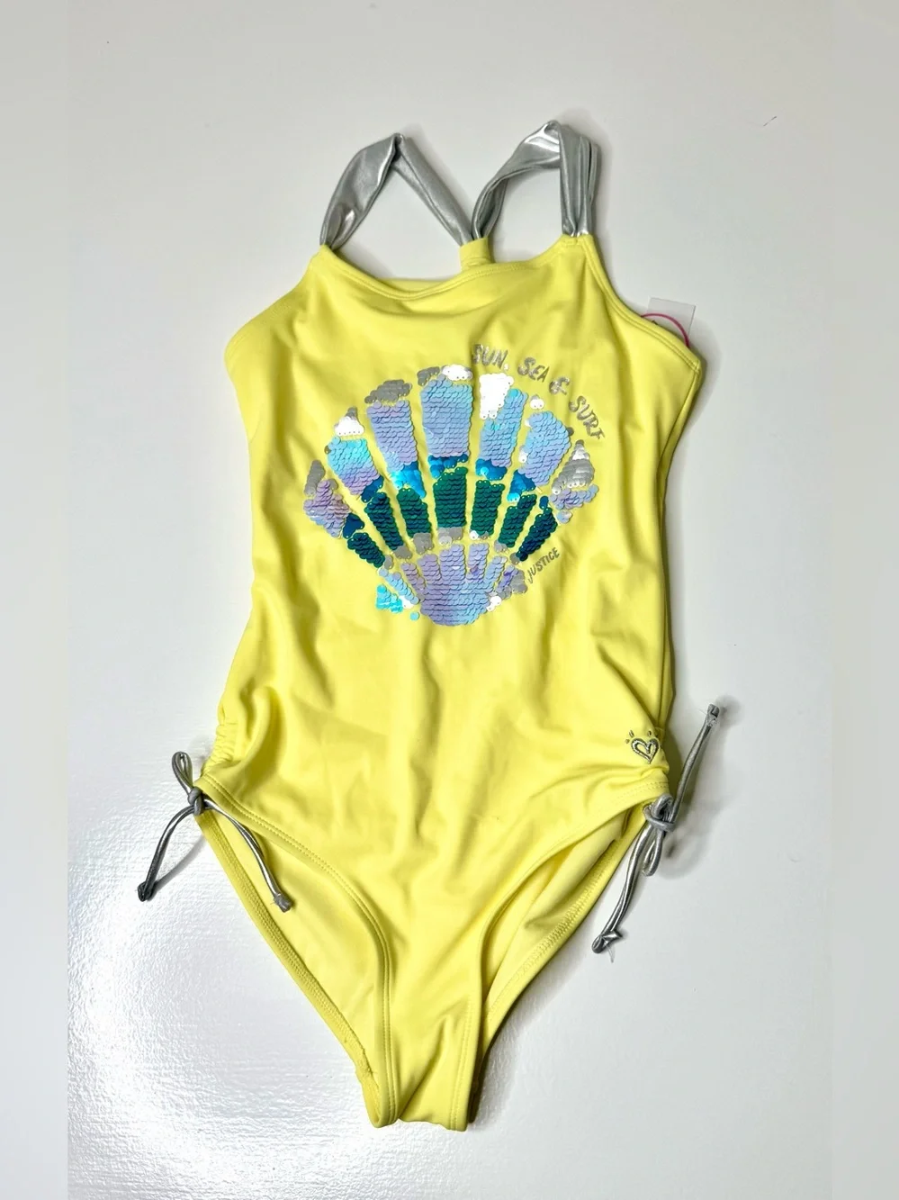 Justice Girls Yellow One-Piece Swimsuit with Silver Shell Accent